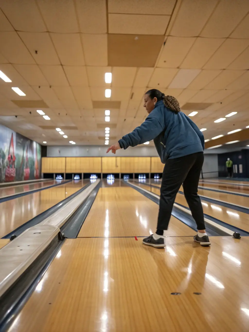 A professional bowling coach providing personalized instruction to a bowler, demonstrating proper technique and form.