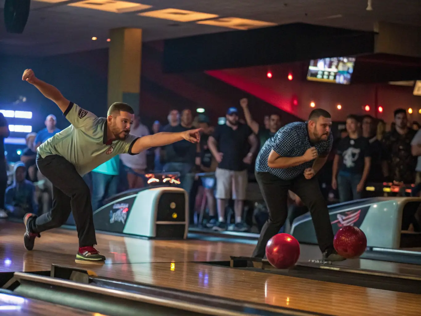 An action shot of bowlers competing in a high-stakes tournament at SPORT DE QUILLES DE LUNEL, emphasizing the competitive spirit and skill involved.