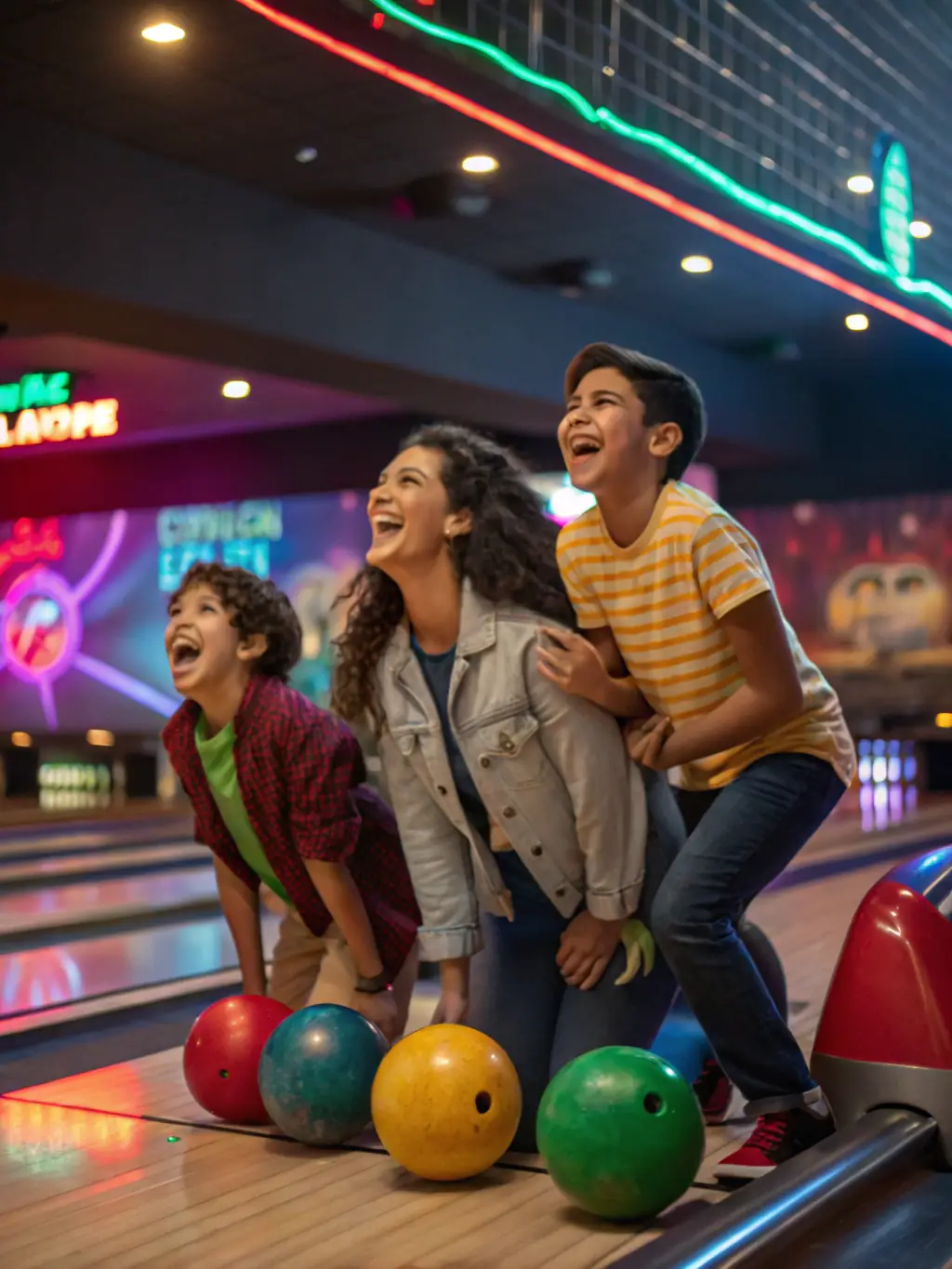 A dynamic image showcasing a youth bowling league in action, with kids of various ages laughing and high-fiving each other after a successful strike.